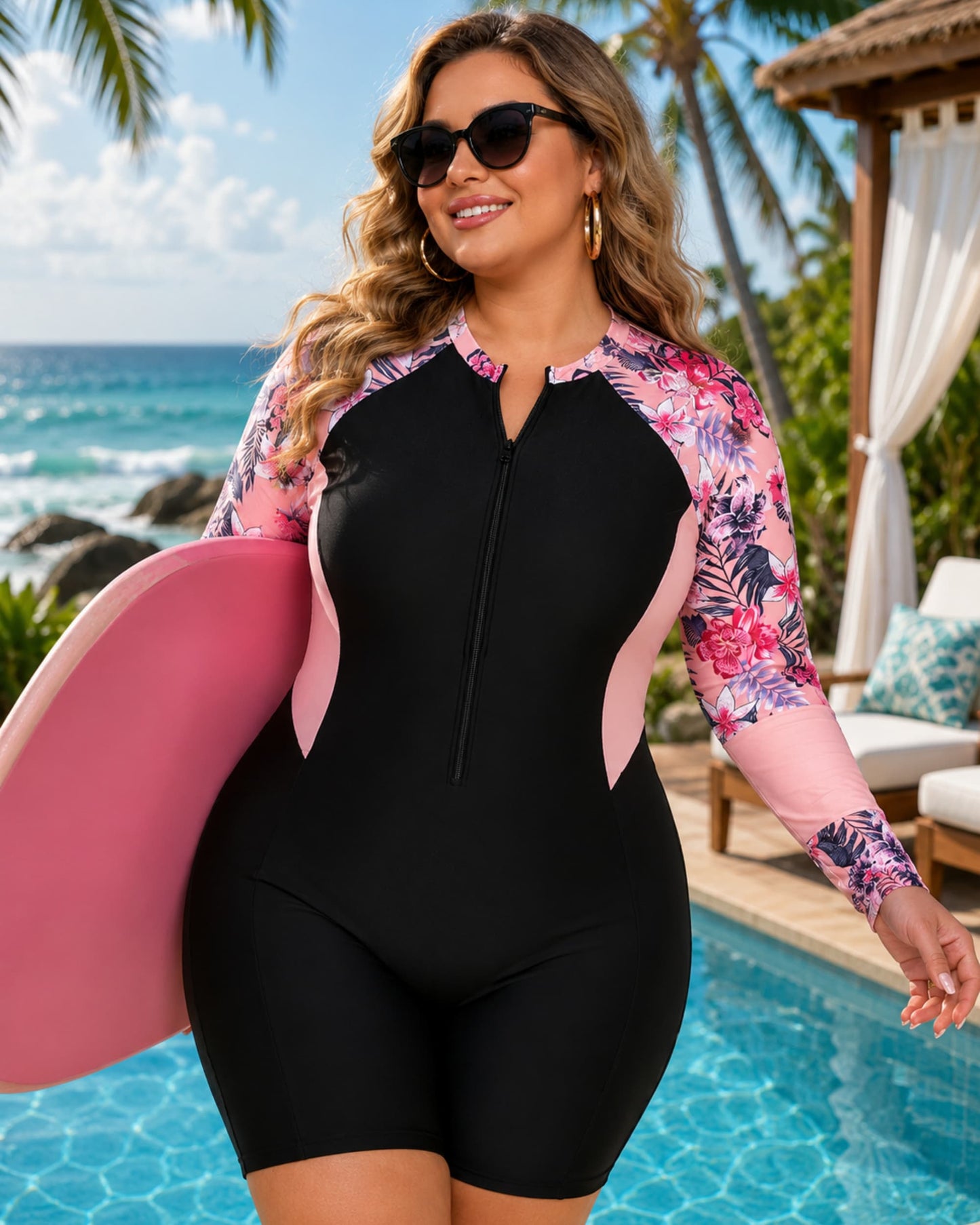 Plus Size Floral Long Sleeve Rash Guard One Piece Swimsuit