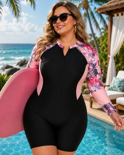 Plus Size Floral Long Sleeve Rash Guard One Piece Swimsuit
