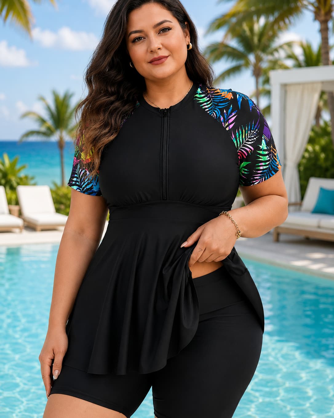 Olasia Tropical Sleeve Peplum Tankini Set