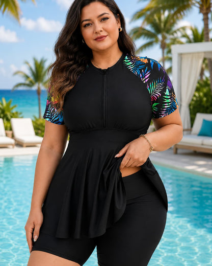 Olasia Tropical Sleeve Peplum Tankini Set