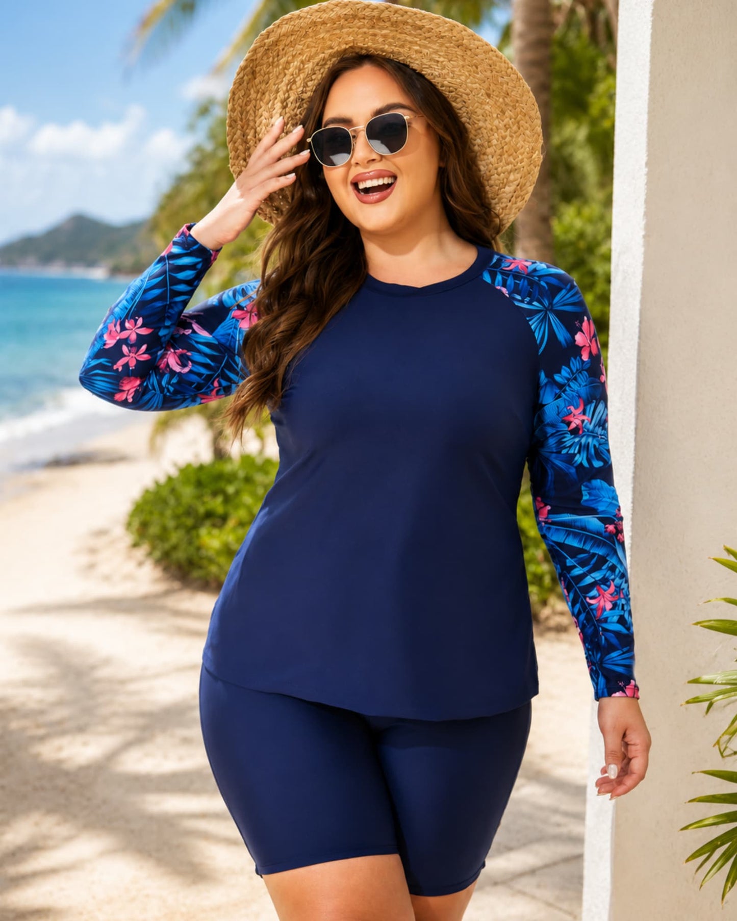 Olasia Plus Size Long Sleeve Rash Guard Tankini Set